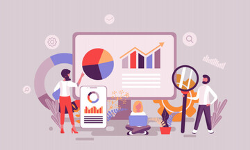 cartoon man and woman sharing data charts